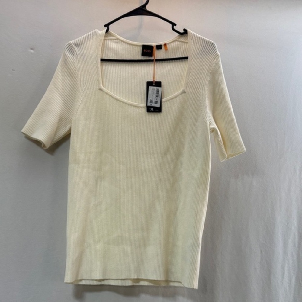 Boss HUGO Holy Ailee knit Cream Short Sleeve Ribbed square neck sweater XXL